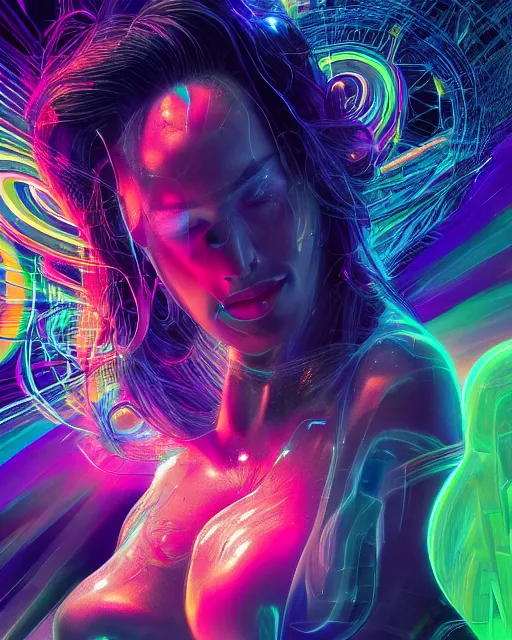 Image similar to a powerful energy psychedelic matrix latin woman, by alexander fedosav, hyper detailed digital matte painting, concept art, hyperrealism, 1 6 k resolution, cinema 4 d, 8 k resolution, trending on artstation, behance hd, a masterpiece, by stephan martiniere, particles, cel - shaded, power bright neon energy, by david a. hardy