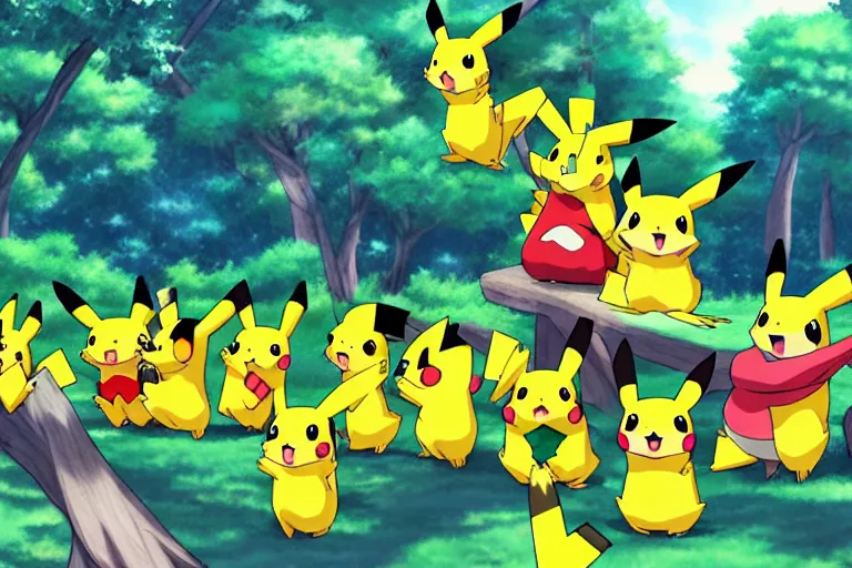 Prompt: an anime forest full of Pikachu