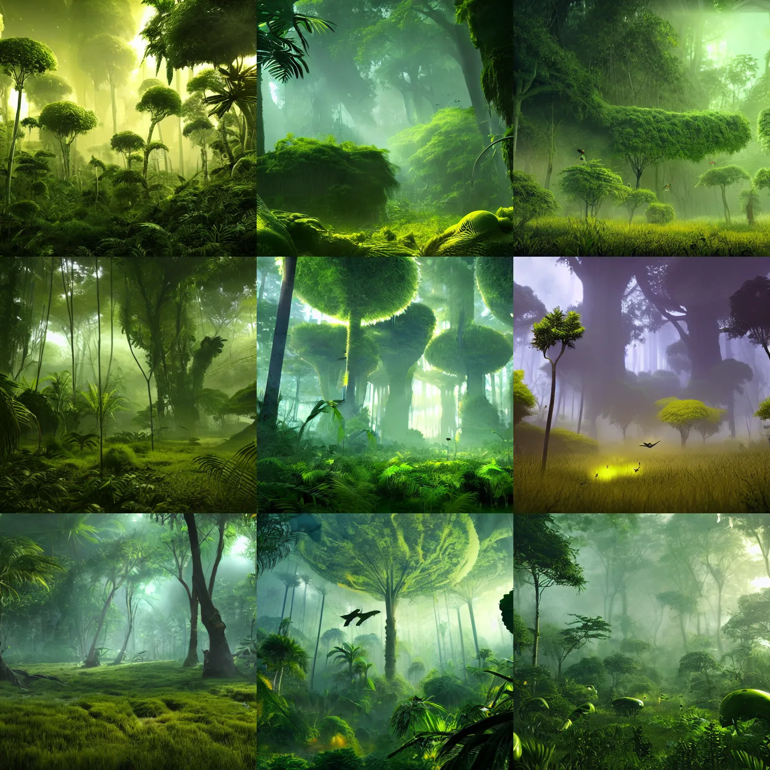 Prompt: a lush alien forest, yellow and green sky, birds in flight, humid alien jungle, atmospheric, exotic, unreal engine, trending on artstation
