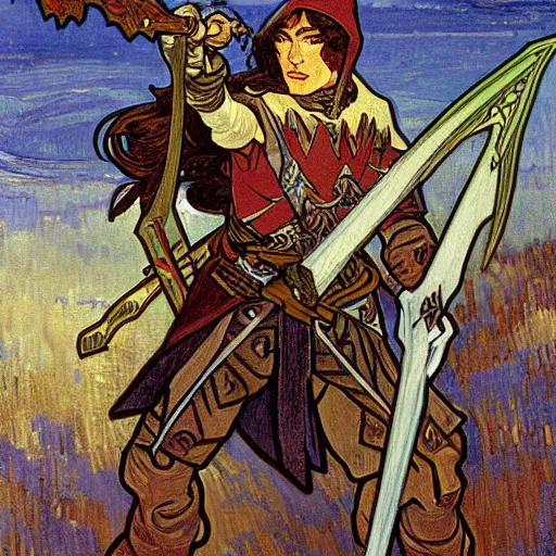 Image similar to painting of elf paladin with long dark hair fighting group of goblins with his sword, wearing armor, modest, lots of goblins, goblins everywhere, art by alphonse mucha, vincent van gogh, egon schiele,