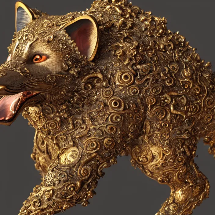 Prompt: highly detailed ancient artifact depicting a fox made of bronze and ivory and encrusted with precious jewels, beautiful patina, ethereal, esoteric, zbrush sculpt, octane render, intricate, ornate, cinematic lighting, hyperrealistic