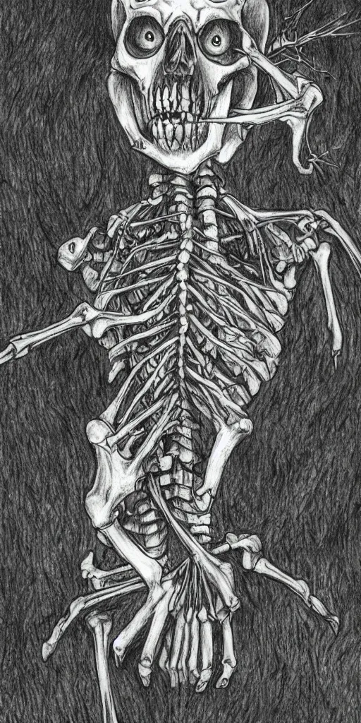 Image similar to A skeleton, horror, creepy, dark, manga, pencil, inspired by junji ito, superior quality, masterpiece, green