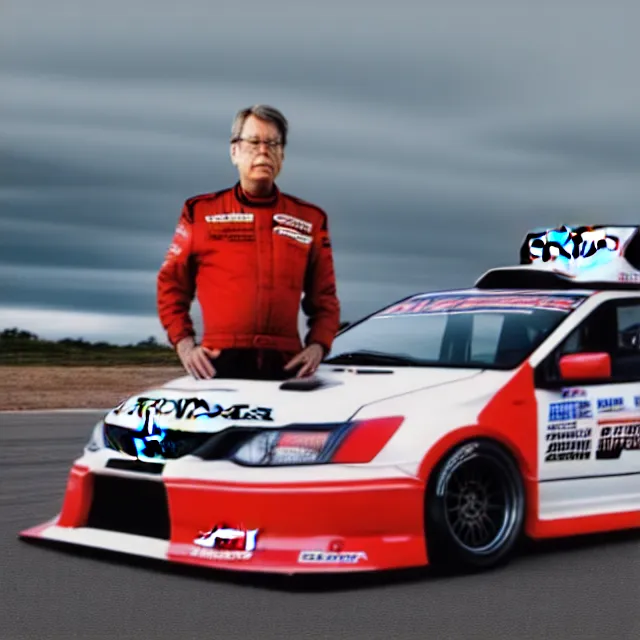 Image similar to a photo of bob lazar standing by honda civic drift spec car, cinematic lighting, detailed symmetrical face, photorealistic, highly detailed