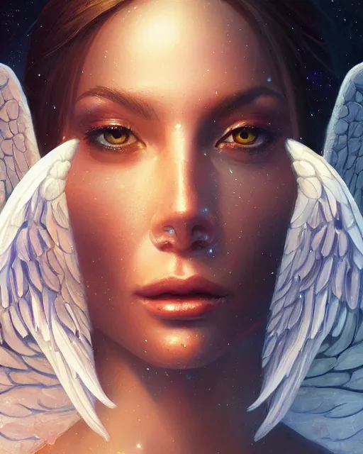 Image similar to close up portrait of a beautiful cosmic angel, fantasy, intricate, elegant, highly detailed, digital painting, artstation, concept art, smooth, sharp focus, illustration, by artgerm and greg rutkowski