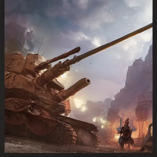 Image similar to side profile of a filipino man sitting on a tank wielding a scepter, highly detailed, d & d, fantasy digital painting, trending on artstation, concept art, sharp focus, illustration, volumetric light, intricate, matte, art by artgerm and greg rutkowski