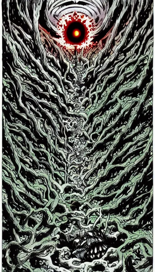 Image similar to a storm vortex made of many demonic eyes and teeth over a forest, by akira toriyama