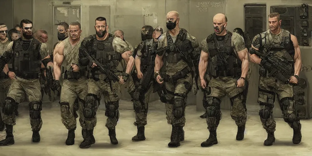 Image similar to strong muscular men soldiers arresting Joe Biden, Joe Biden standing handcuffed in custody, cyberpunk seal team 6 USA in military uniforms and armed, wearing military stealthsuit (cyberpunk 2077, bladerunner 2049, splinter cell, blackops). Angry handsome faces yelling, portrait by john william waterhouse and Edwin Longsden Long and Theodore Ralli and Nasreddine Dinet, oil on canvas. Cinematic, hyper realism, realistic proportions, dramatic lighting, high detail 4k