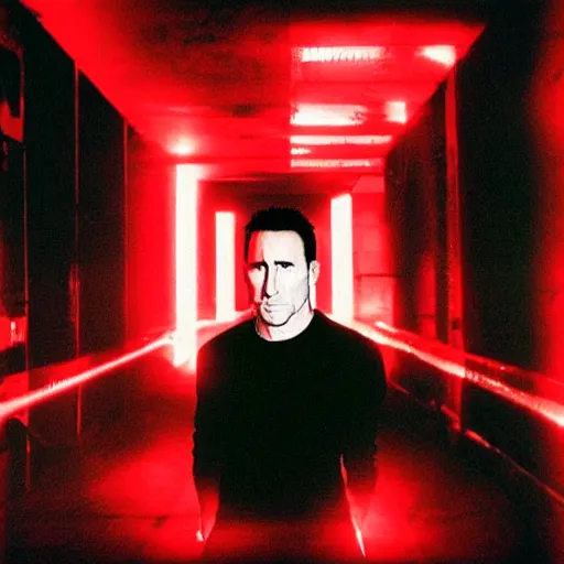 Image similar to Trent Reznor glaring at you, cctv footage, red glowing eyes