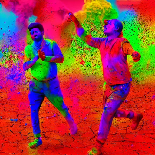 Prompt: humans playing holi, cosmos, digital art