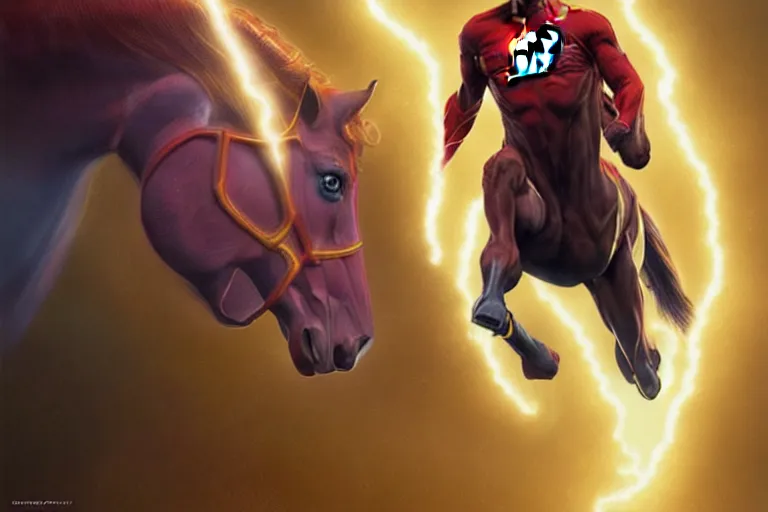 Image similar to a stunning digital painting of a horse as the flash in spandex costume, running in the speedforce by greg rutkowski, volumetric light, digital art, fine detail, photorealistic