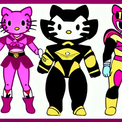 Image similar to hello kitty characters as power rangers, god rays