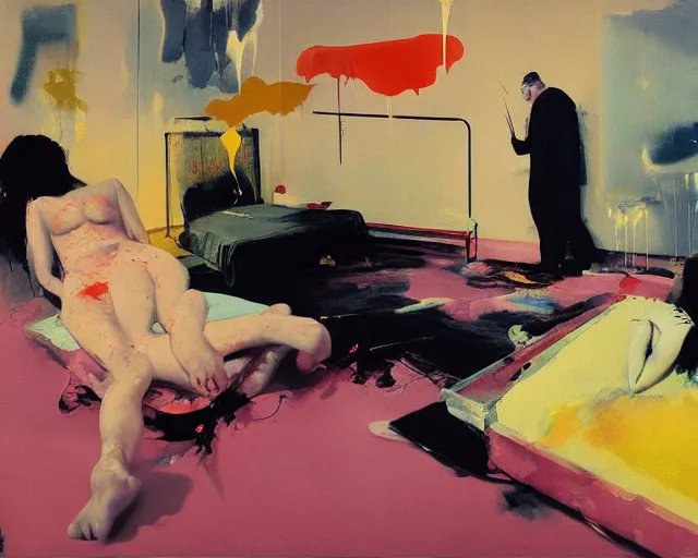 Prompt: lovers melting collapsed in a the bedroom void, beds, college girls, couches vibrating with bodies and melting, Adrian Ghenie, 8k, Peter Doig, Mark Rothko, Edward Hopper, Jenny Saville, American gothic, melting paint drips