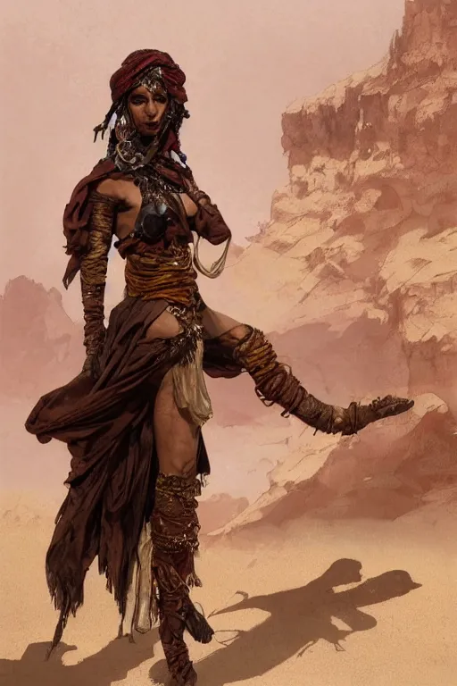 Image similar to a full body portrait of a beautiful post apocalyptic offworld desert bedouin thief savage rogue in beggars clothes in ballet pose by the emerald oasis pools, intricate, elegant, highly detailed, digital painting, artstation, concept art, smooth, sharp focus, illustration, art by krenz cushart and artem demura and alphonse mucha