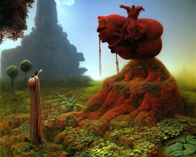 Prompt: a pagan luscious garden with amazing little altar and plants with a gigantic statue of an ancient god stretching its arms above the garden by beksinski, digital art, colorful, artstation, beksinski