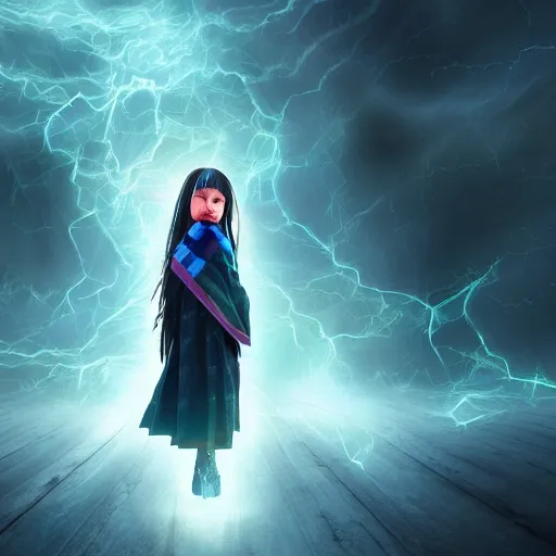 Prompt: mysterious girl child with her long black hair dressed in a chequered robe, chequered cape, carrying blue very big magical crystal, storm inside a fantasy crystal, epic scene, atmospheric, surrounded by magical light, digital art, hd, 4 k, hyper detailed