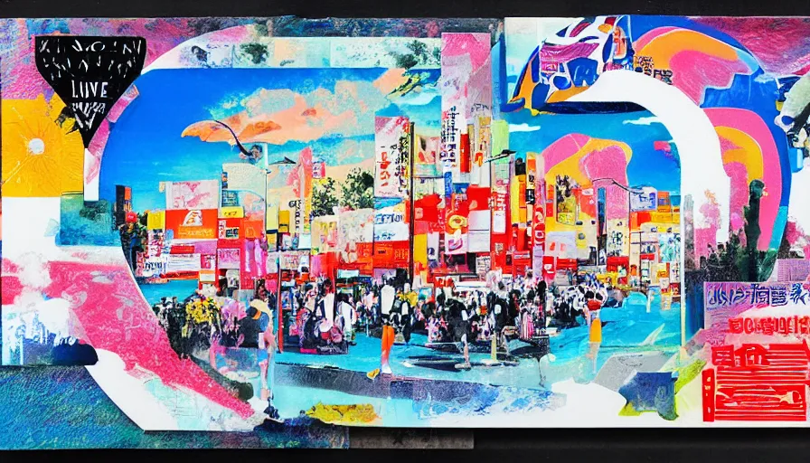 Image similar to Japan travel and adventure, minimalist negative space white acrylic base coat, mixed media collage acrylic airbrush painting by Jules Julien, Leslie David and Lisa Frank, muted colors with minimalism, neon color mixed collage cutout details