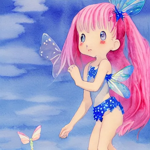 Prompt: award winning watercolor of a 3 0 year old auburn - headed fairy in short pigtails wearing a sparkly baby pink swimsuit with blue translucent dragonfly wings, against a cloudy blue sky backdrop, by hayao miyazaki