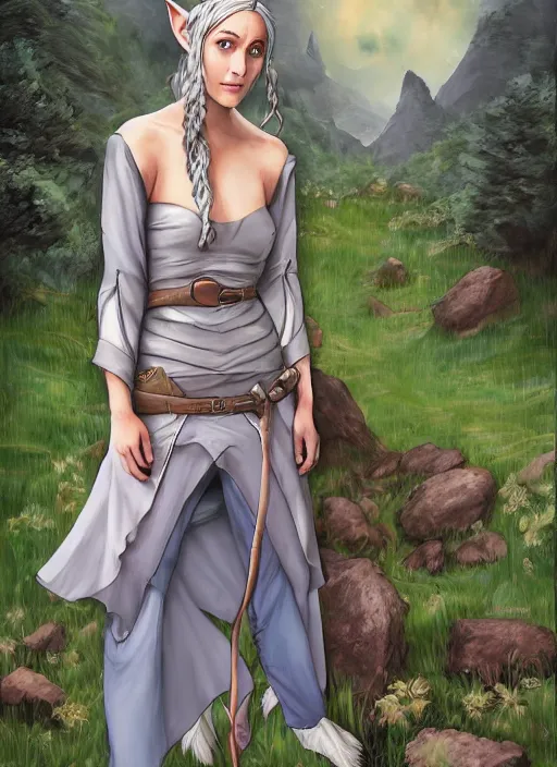 Image similar to A fantasy comic book roleplaying game style portrait painting of Maika Monroe as a grey elf in a mountain meadow sanctuary, DAZ, hyperrealistic, ambient light, dynamic light