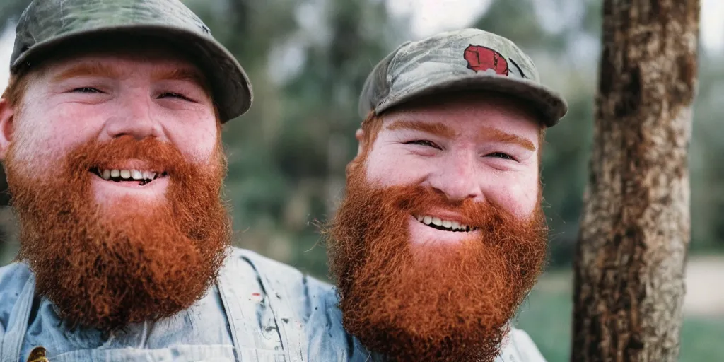Image similar to big ole redneck white male with red beard, wearing dirty overalls, dirty face, missing teeth, grin, portrait, close up, kodak gold 2 0 0, 5 0 mm