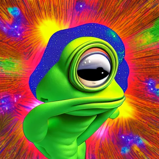 Prompt: a 3 d render of a psychedelic pepe, tripping on mushrooms, floating in space, hd, digital art
