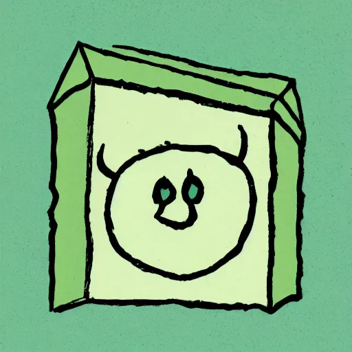 Image similar to an illustration of a green cube with a face and white horns