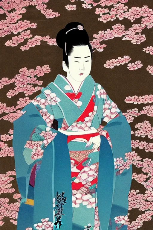 Image similar to a japanese queen portrait wearing a kimono in the art style of japan, with cherry blossom trees in the background, incredibly detailed and beautiful painting