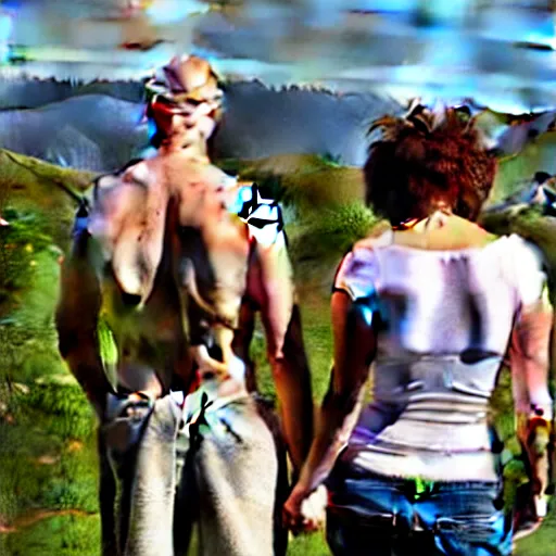 Image similar to portrait of a bald white male tattoos and his white female wife with tattoos. male is wearing a white t - shirt, tan shorts, white long socks. female is tall and has long brown hair photo from behind them overlooking the field with a goat pen. rolling hills in the background of california and a partly cloudy sky