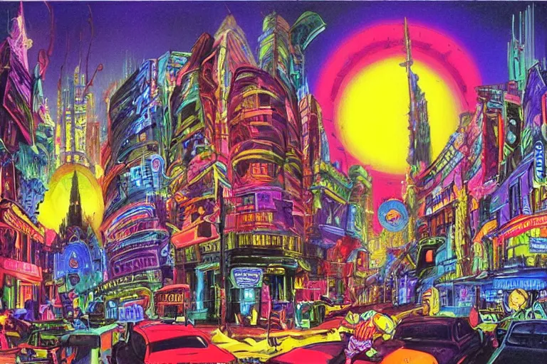 Image similar to surreal colorful nightmarish cityscape, artwork by Ralph Bakshi