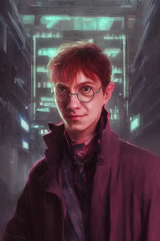 Image similar to portrait of Ron Wisly from harry potter in cyberpunk, neon lighting, night city, digital art from artstation by Ruan Jia and Mandy Jurgens and Artgerm and william-adolphe bouguereau and Greg Rutkowski and Wayne Barlowe