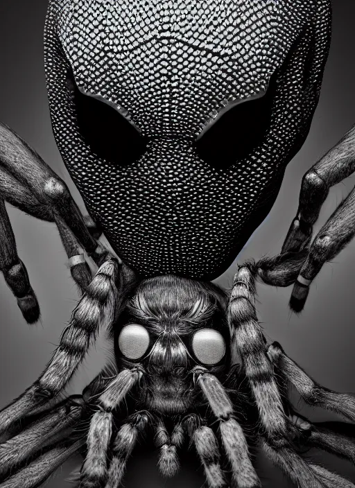 Image similar to studio portrait of a spider - human hybrid, many eyes, leica s, tripod, flash, highly detailed, horror,