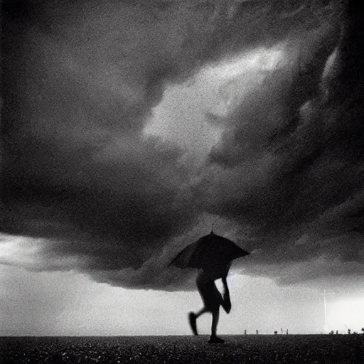 Prompt: a man running into the storm by Trent Parke, clean, detailed, Magnum photos