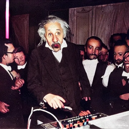 Image similar to color photograph of Albert Einstein DJ at a nightclub, in color, color photograph, colors