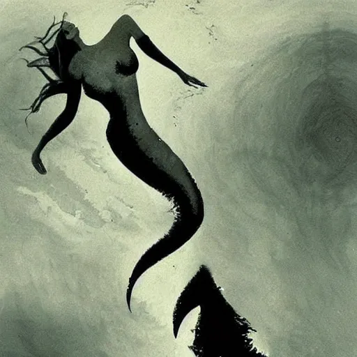 Prompt: Beautiful mermaid swimming, by Dave McKean, saw