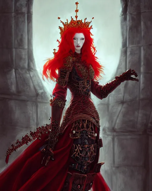 Prompt: redhead queen knight in heavy red armor, inside an ominous gothic castle, baroque, large crown, face with scars, intimidating, high fantasy, intricate detail, digital painting, artstation, concept art, smooth, sharp focus, illustration, art by yoshitaka amano and wlop and monia merlo