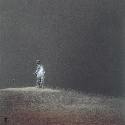 Image similar to a lonely man curled up with black smoke coming out of him, on a white snowy post apocalyptic field, painting by beksinski