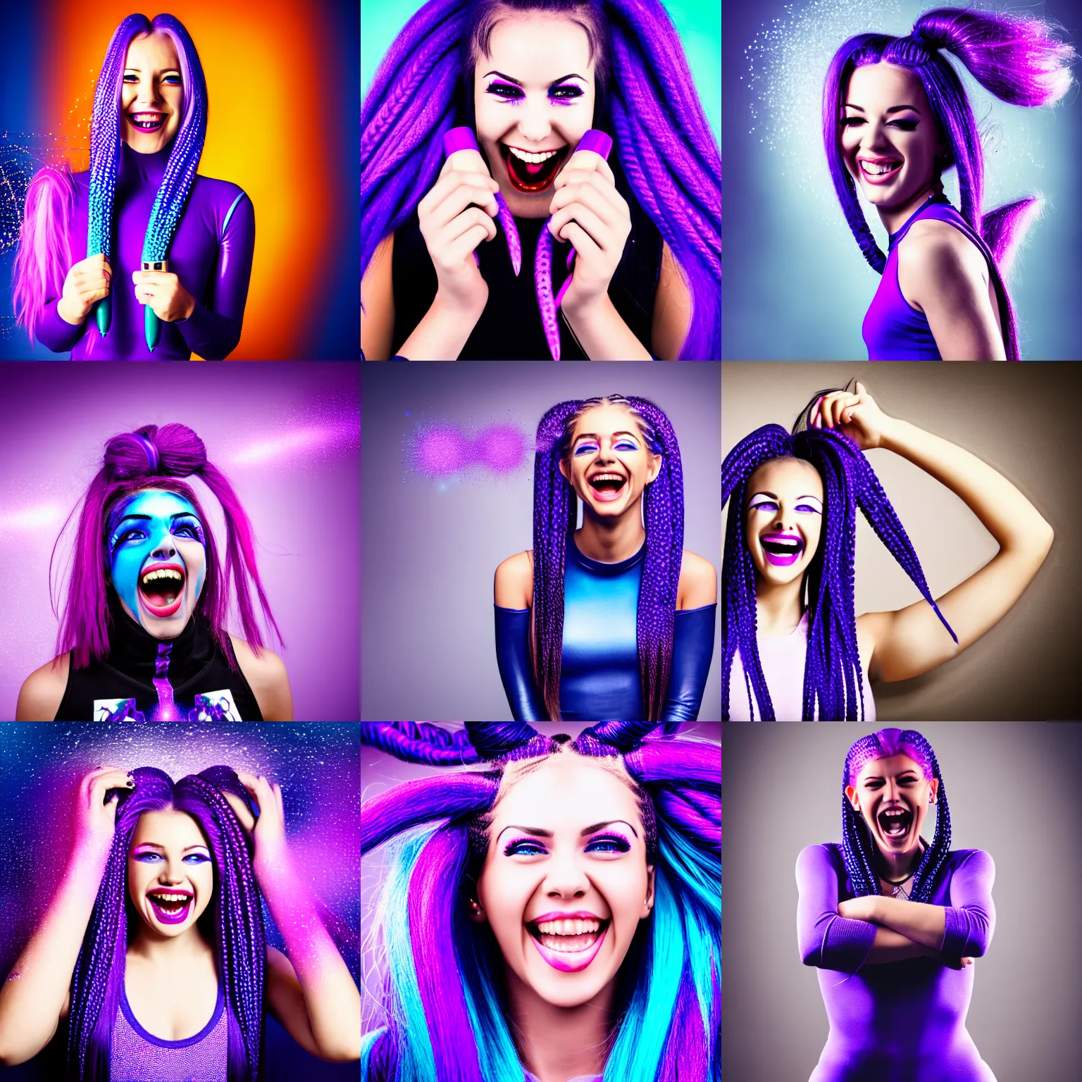 Prompt: close portrait insane pretty girl, evil, 2 long blue braids, pistol and bazooka, high boots, purple bridges with leggins, purple top, smiling laugh, particles explosion, elegant intricate matte sharp focus 8 k