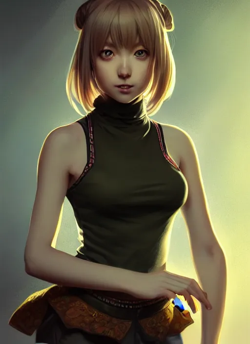 Prompt: portrait of a full body of beautiful young female detective, d & d, sleeveless turtleneck, fantasy, flat lighting, intricate, highly detailed, digital painting, artstation, concept art, smooth, sharp focus, illustration, misa amane, art by simon bisley and greg rutkowski and alphonse mucha, natural tpose