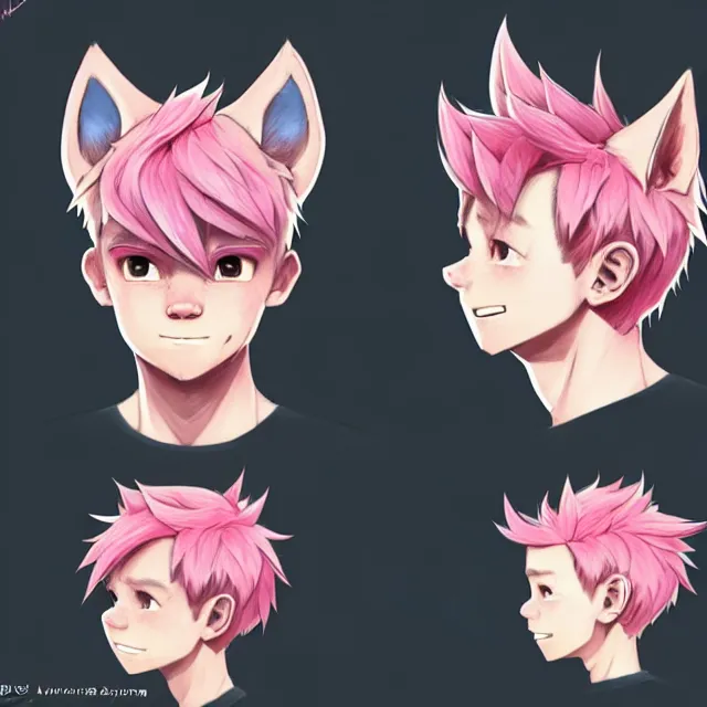 Image similar to character concept art of a cute boy with pink hair and pink wolf ears and freckles | | cute - fine - face, pretty face, key visual, realistic shaded perfect face, fine details by stanley artgerm lau, wlop, rossdraws, james jean, andrei riabovitchev, marc simonetti, and sakimichan, trending on artstation