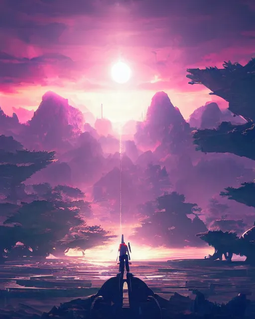 Image similar to beautiful landscape, nier automata, protoss!!, temple!!, machine planet, mothership in the sky, pink sun, tropical forest, colorful light, advanced technology, cinematic lighting, highly detailed, masterpiece, art by bastien grivet and darwin cellis and jan urschel