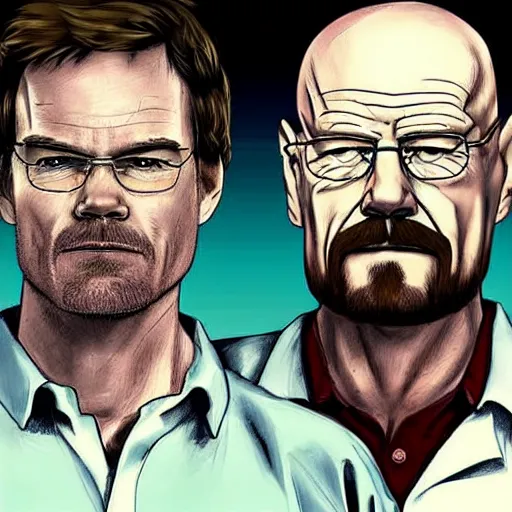 Prompt: concept art of dexter morgan and walter white together