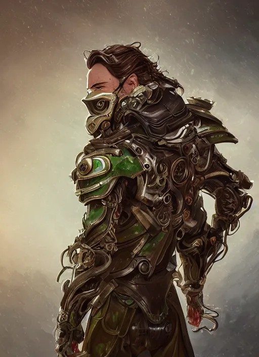 Image similar to a highly detailed illustration of thick wavy brown haired young white guy wearing brown trench coat and wearing green face mask, with many mechanical arms on his back, dramatic hands in pocket standing pose, intricate, elegant, highly detailed, centered, digital painting, artstation, concept art, smooth, sharp focus, league of legends concept art, WLOP