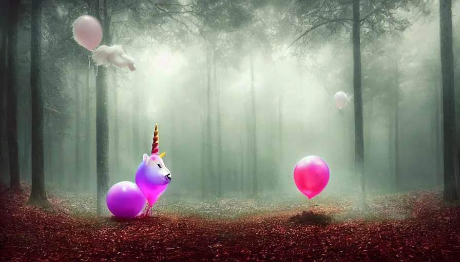 Image similar to A unicorn made out of balloons floats lonely through a dark foggy Forest, Digital Art, Photorealism, Hyper Realistic, Hyperdetailed, Movie Screenshot, iMAX Quality