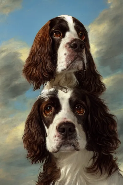 Prompt: a painted portrait of a springer spaniel with brown fur, no white fur, wearing a sea captain's uniform and hat, sea in background, oil painting by thomas gainsborough, elegant, highly detailed, anthro, anthropomorphic dog, epic fantasy art, trending on artstation, photorealistic, photoshop, behance winner