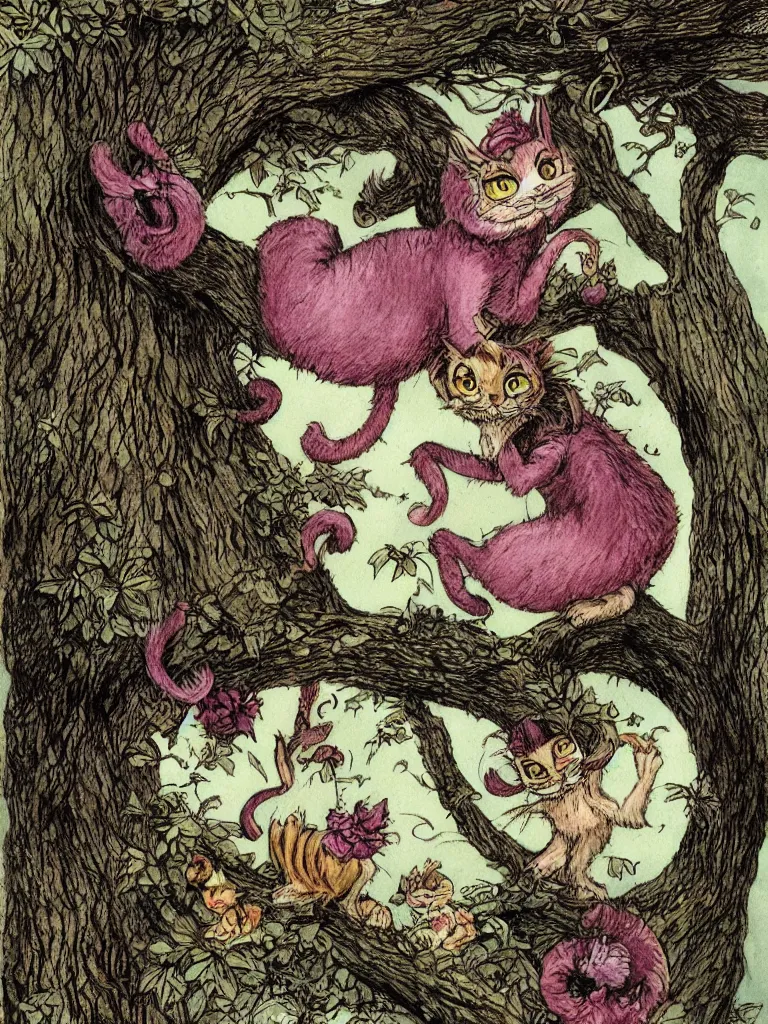 Image similar to Tenniel illustration cheshire cat, sitting in a tree