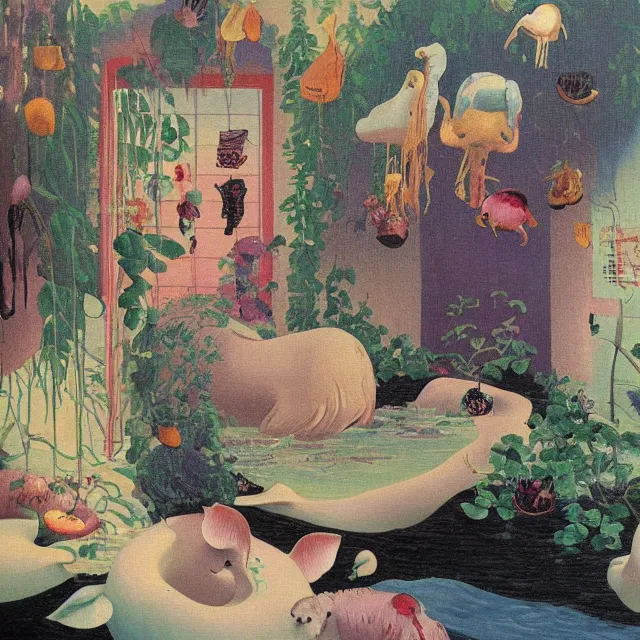 Image similar to painting of flood waters inside an artist's feminine bedroom, female emo art student, a river flooding indoors, pomegranates, pigs, ikebana, water, octopus, river, rapids, waterfall, black swans, canoe, berries, acrylic on canvas, surrealist, by magritte and monet