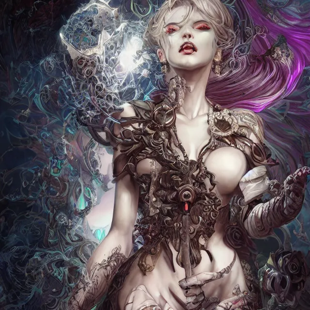 Image similar to the portrait of chaotic evil sensual female necromancer overlord as absurdly beautiful, gorgeous, elegant, sadistic young woman, an ultrafine hyperdetailed illustration by kim jung gi, irakli nadar, intricate linework, bright colors, octopath traveler, final fantasy, unreal engine 5 highly rendered, global illumination, radiant light, detailed and intricate environment