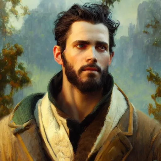 Image similar to detailed cinematic wide shot of beautiful attractive masculine man black hair slim face symettrical face clean skin blue eyes black clothes, ultra realistic, spring light, painting by gaston bussiere, craig mullins, j. c. leyendecker