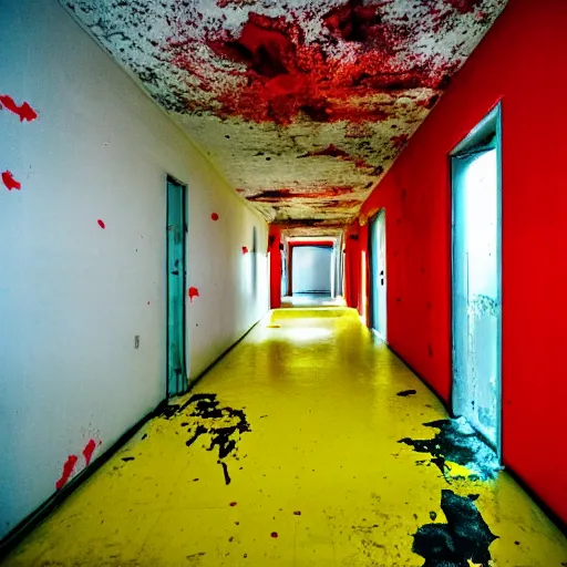 Prompt: lomo photo of ghost in abandoned hospital, red splatters on the wall, yellow floor, washed colors, dark, moody, creepy, foggy