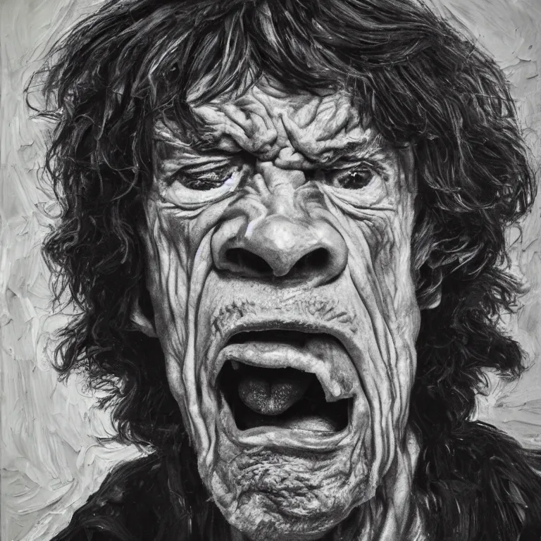 Prompt: warmly lit close up studio portrait of very old furiously angry!! Mick Jagger age 115 angrily singing, impasto oil painting thick brushstrokes by Cy Twombly and Lucian Freud and Tim Hawkinson , trending on artstation dramatic lighting Expressionism