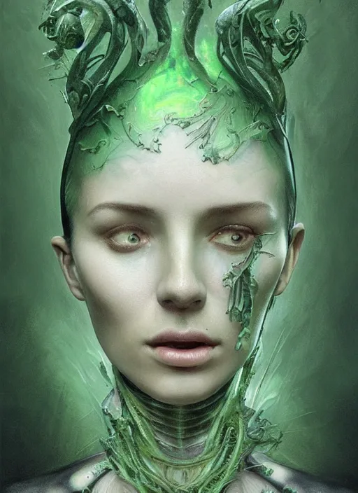 Image similar to fractal with green chins, physically accurate, moody dynamic lighting, very very intricate, very very elegant, highly detailed, digital painting, artstation, HR GIGER, Hieronymus Bosch, Francis Bacon, concept art, smooth, very beautiful, sharp focus, illustration, art by artgerm and greg rutkowski and alphonse mucha